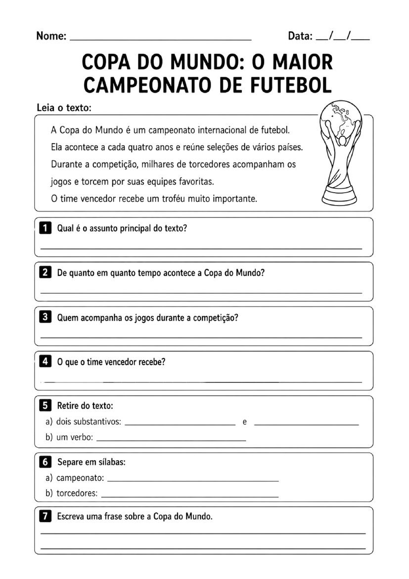 Atividades copa do mundo 2º ano prontas para imprimir para alfabetização página 1